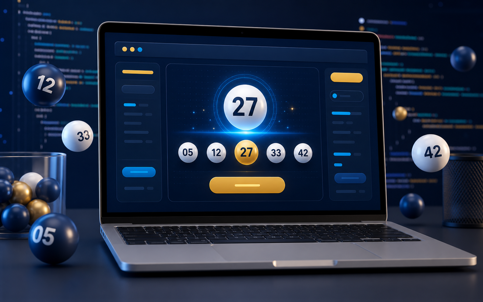 Interface visual de sorteador de números com bolas numeradas e painel digital