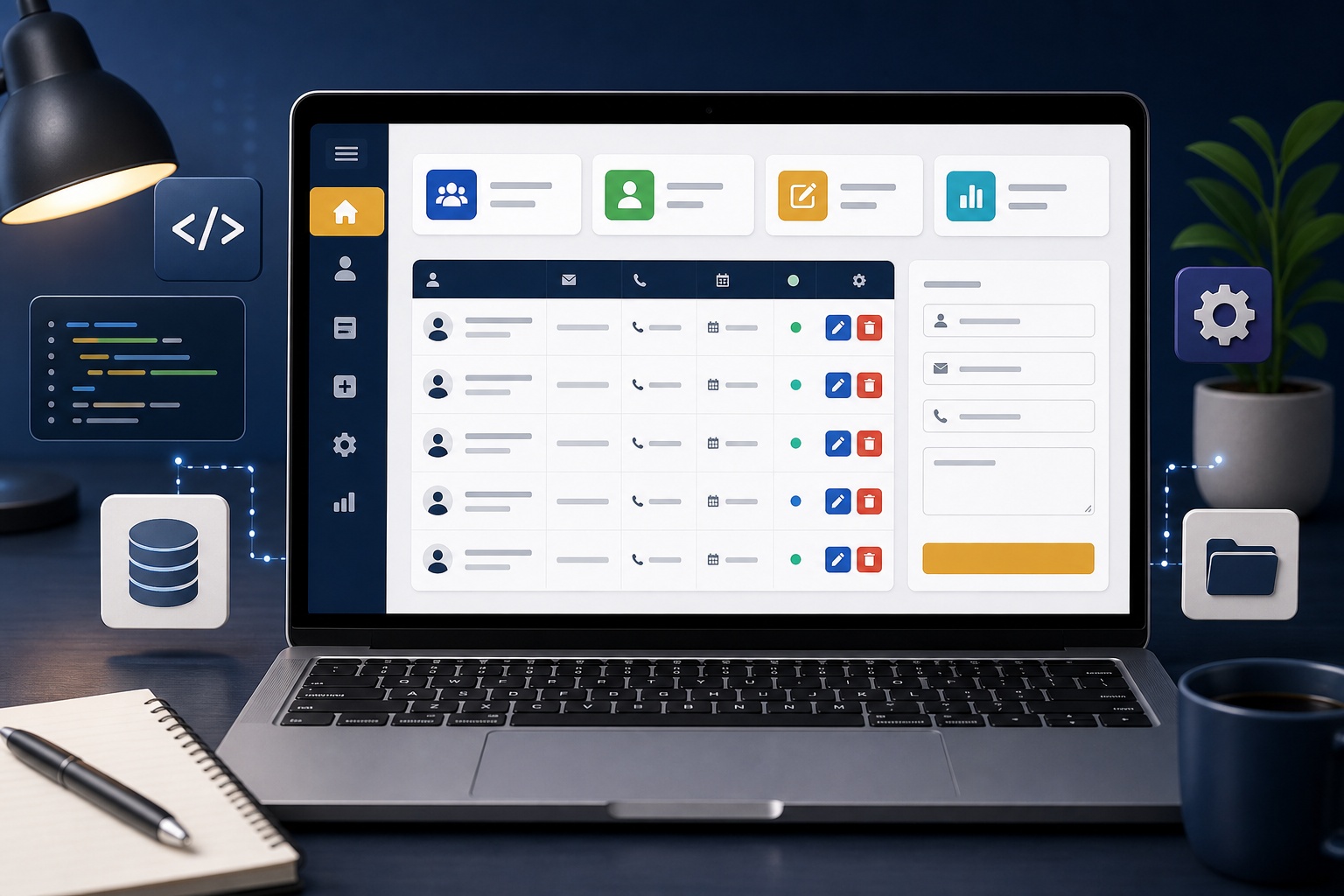 Interface de sistema CRUD em PHP com tabela de clientes e formulário de cadastro